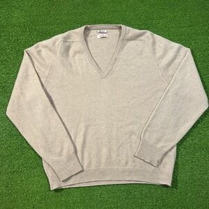 Vintage BONWIT TELLER Mens Cashmere Sweater LG Beige V Neck 1969s Pullover Flaws